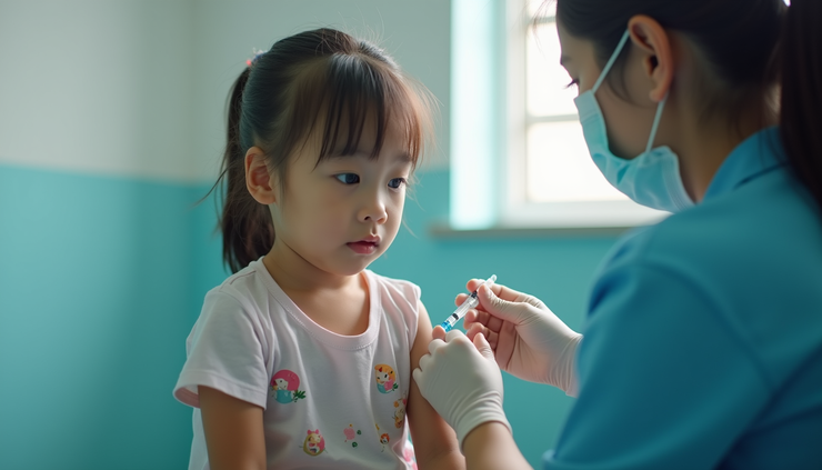 Eye-level view of a child receiving a vaccination at a clinic in Malaysia