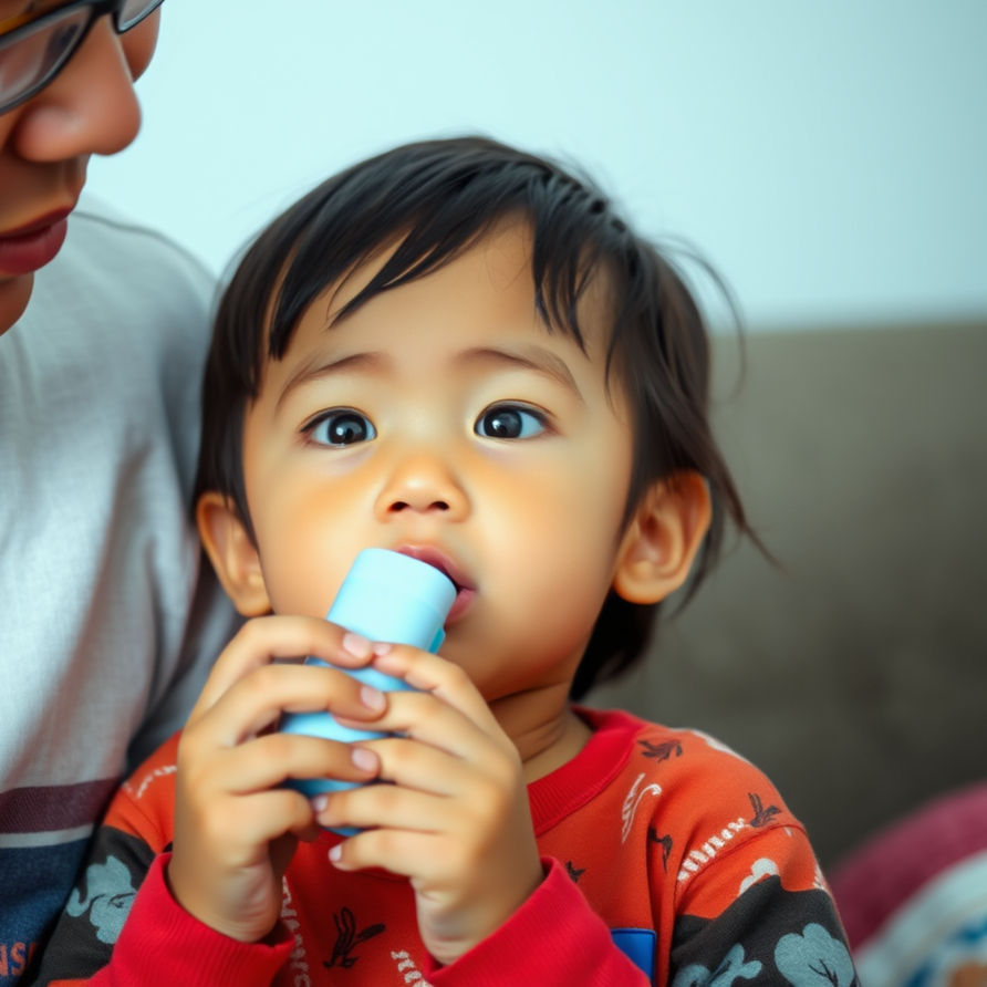 Eye-level view of a child using an inhaler in a bright living room