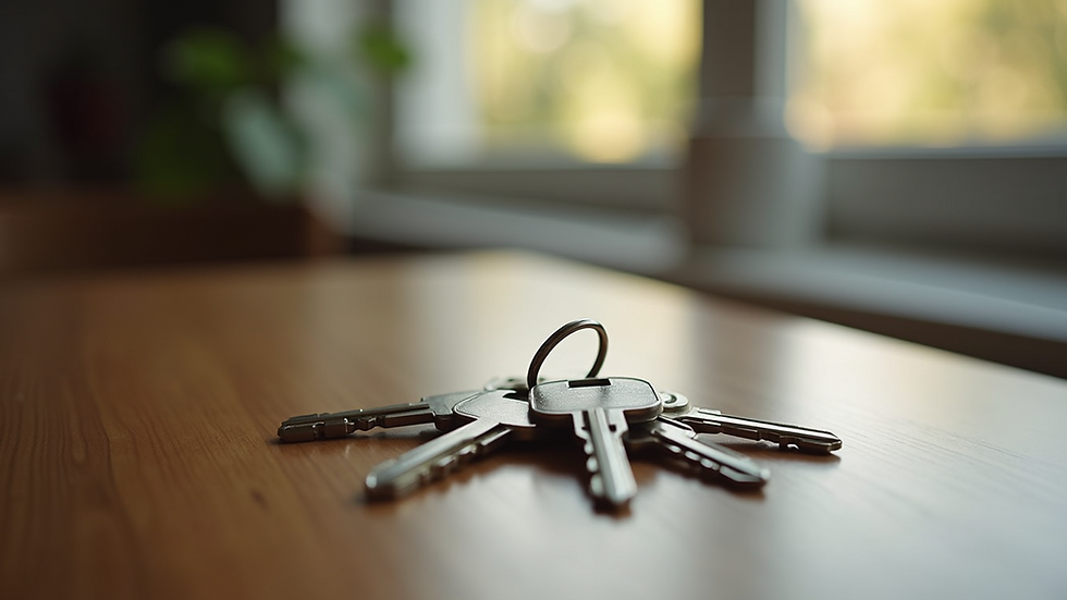 Close-up view of home keys on a wooden table