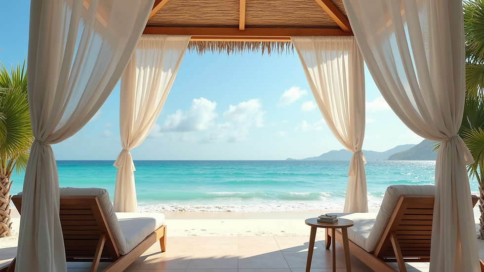 Eye-level view of a luxurious beach club cabana with ocean in the background