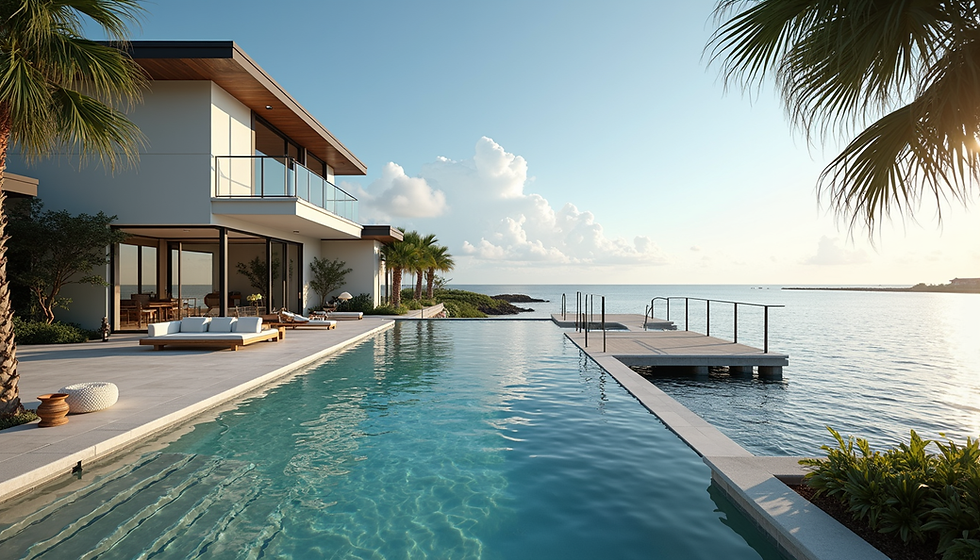 Eye-level view of a luxury waterfront home with a private dock in Naples