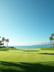 Eye-level view of a golf course with palm trees and a clear blue sky
