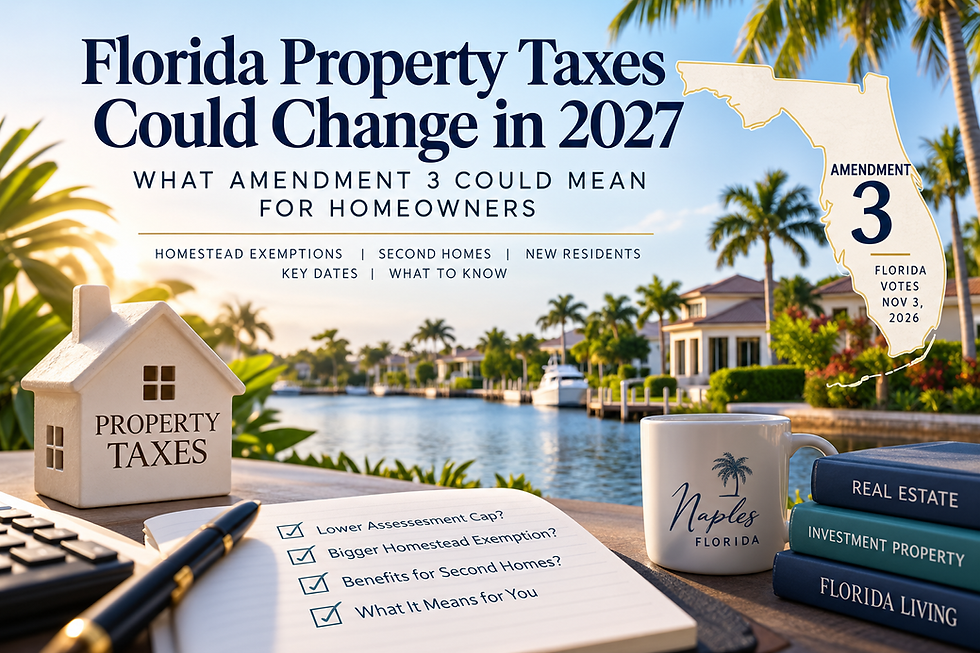 Florida waterfront homes and palm trees with property tax and Amendment 3 graphics illustrating proposed Florida property tax changes for 2027.