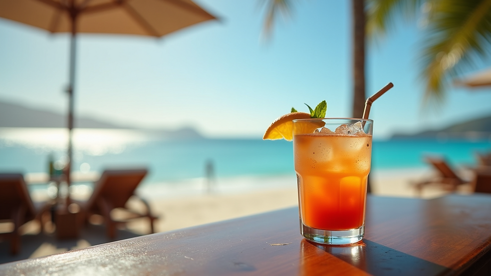 Close-up view of a beach club bar with tropical drinks and ocean in the background