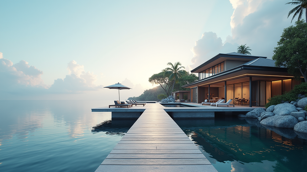 Eye-level view of a luxury waterfront home with a private dock and calm water