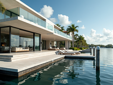 Eye-level view of a luxury waterfront home with a private dock in Naples