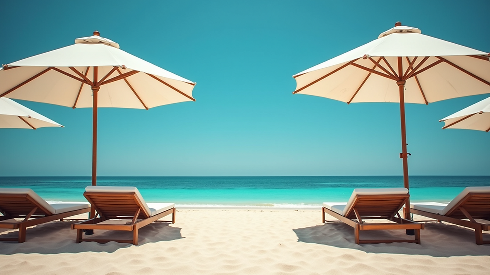 Eye-level view of a private beach with lounge chairs and umbrellas