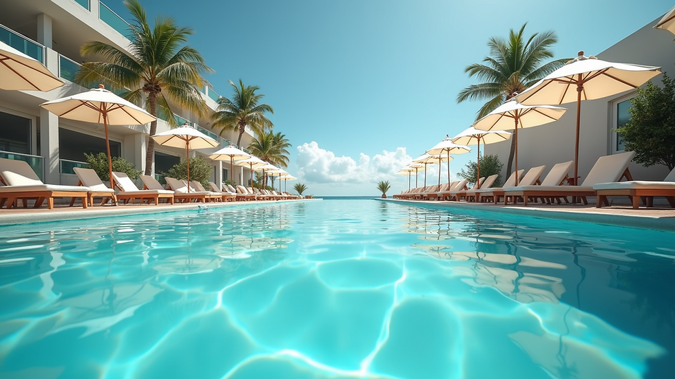 Eye-level view of a beach club pool area with lounge chairs and umbrellas