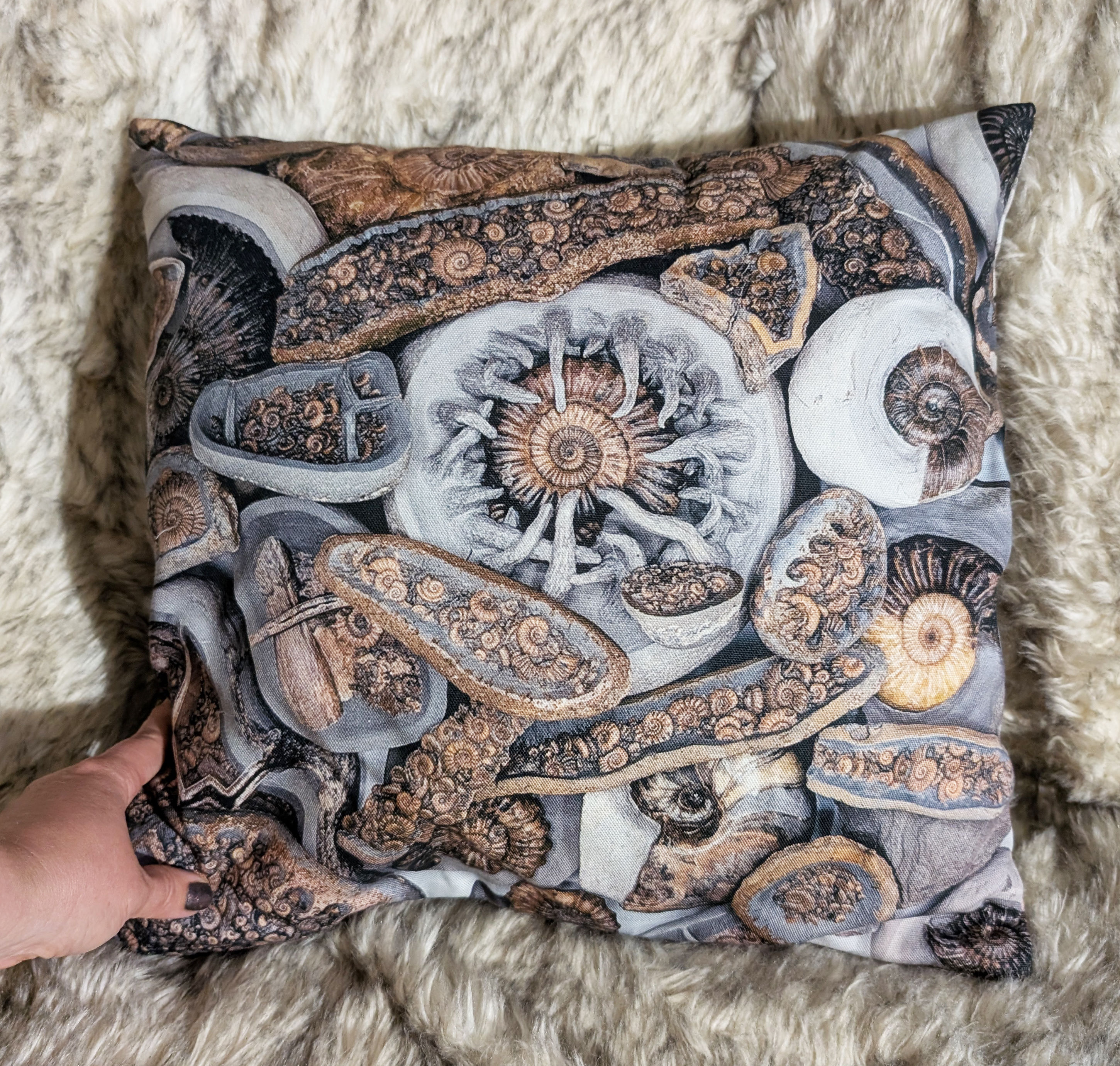 Jurassic coast pillow case, Ammonite fossils from Charmouth beach, 45 x 45 cm