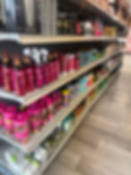 Eye-level view of a beauty supply store interior