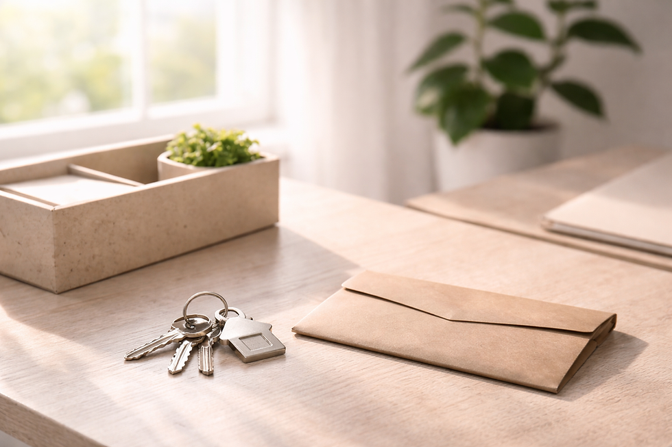 Modern desk with envelope and house keys representing freezing assets in divorce UK