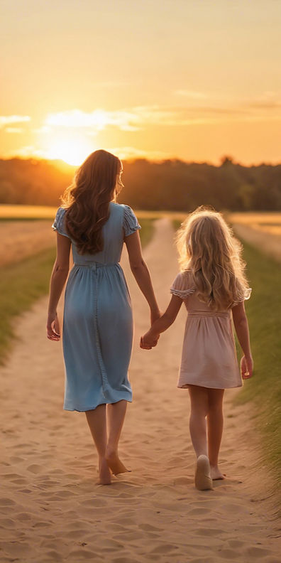 A brunette mother and blond daughter hol