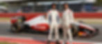 Two race car drivers with Bracan car, a sports collaboration.