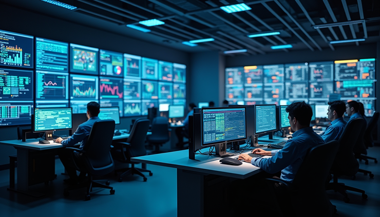High angle view of a network operations center with multiple screens showing network performance data