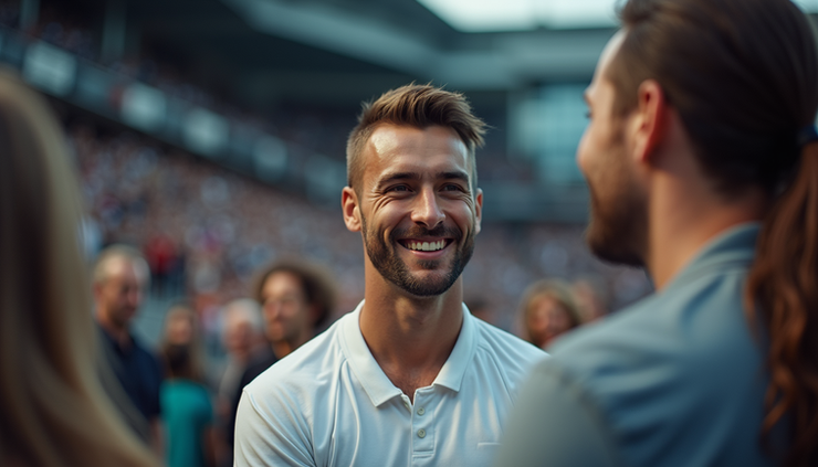 Eye-level view of a sports celebrity interacting with fans during a virtual event