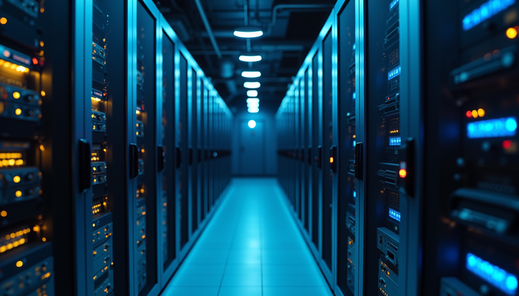 Close-up of a server room with AI hardware and glowing lights