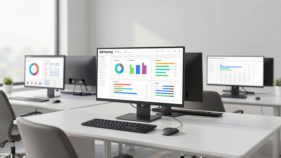 Office computers displaying data dashboards for business solutions