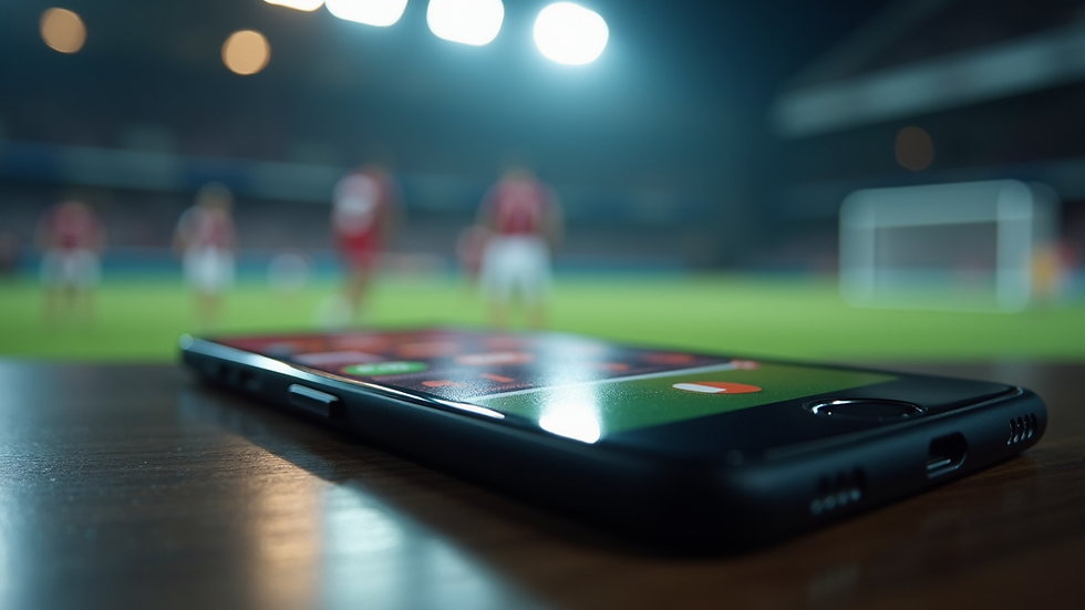 Close-up view of a smartphone displaying a live sports event with interactive features
