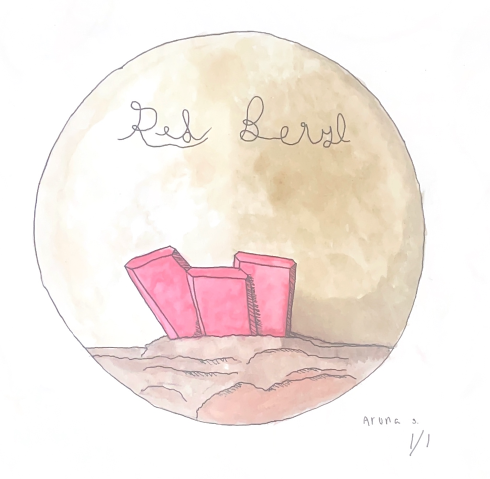 Hand-drawn Red Beryl themed artwork on a light background