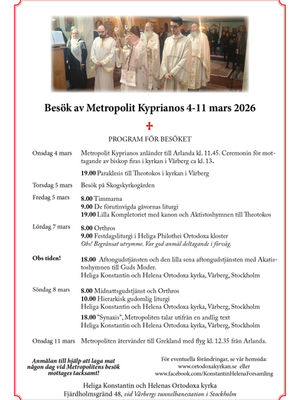 Program för Metropoliten besök 4-11 mars 2026