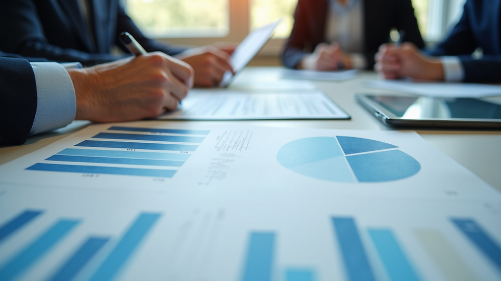 Close-up view of a business meeting with charts and graphs
