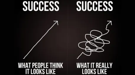 Success pictures a straight upward diagonal line. "what people think it looks like". Success a scribbly line that goes up and down and in every direction before ultimately pointing up at a diagonal. "what it really looks like".