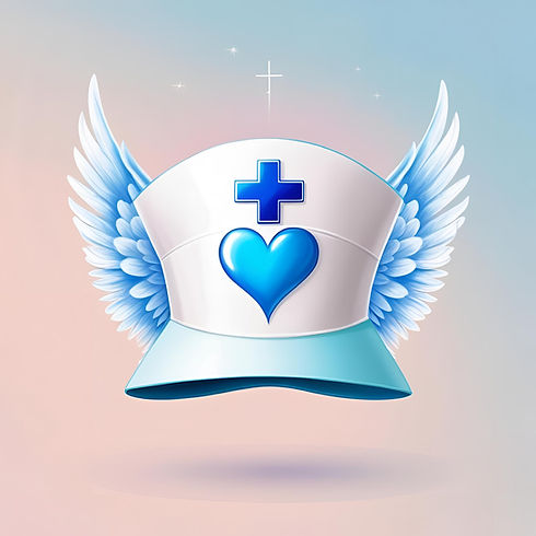 white nurse's cap with blue heart, medical cross and angel wings attached.jpg