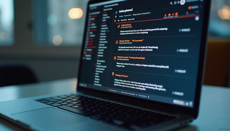 Close-up view of an email inbox on a laptop screen showing suspicious messages