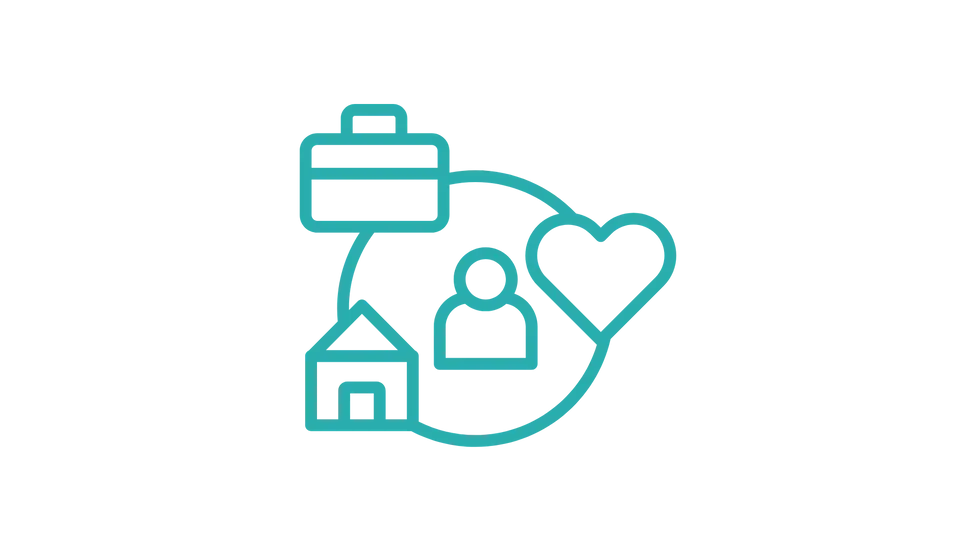 A graphic of a person inside of a circle, surrounded by a briefcase to represent 'work' and a house to represent 'home'.