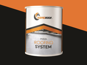 RapidRoof PMMA Roofing System product can on a black and orange background.
