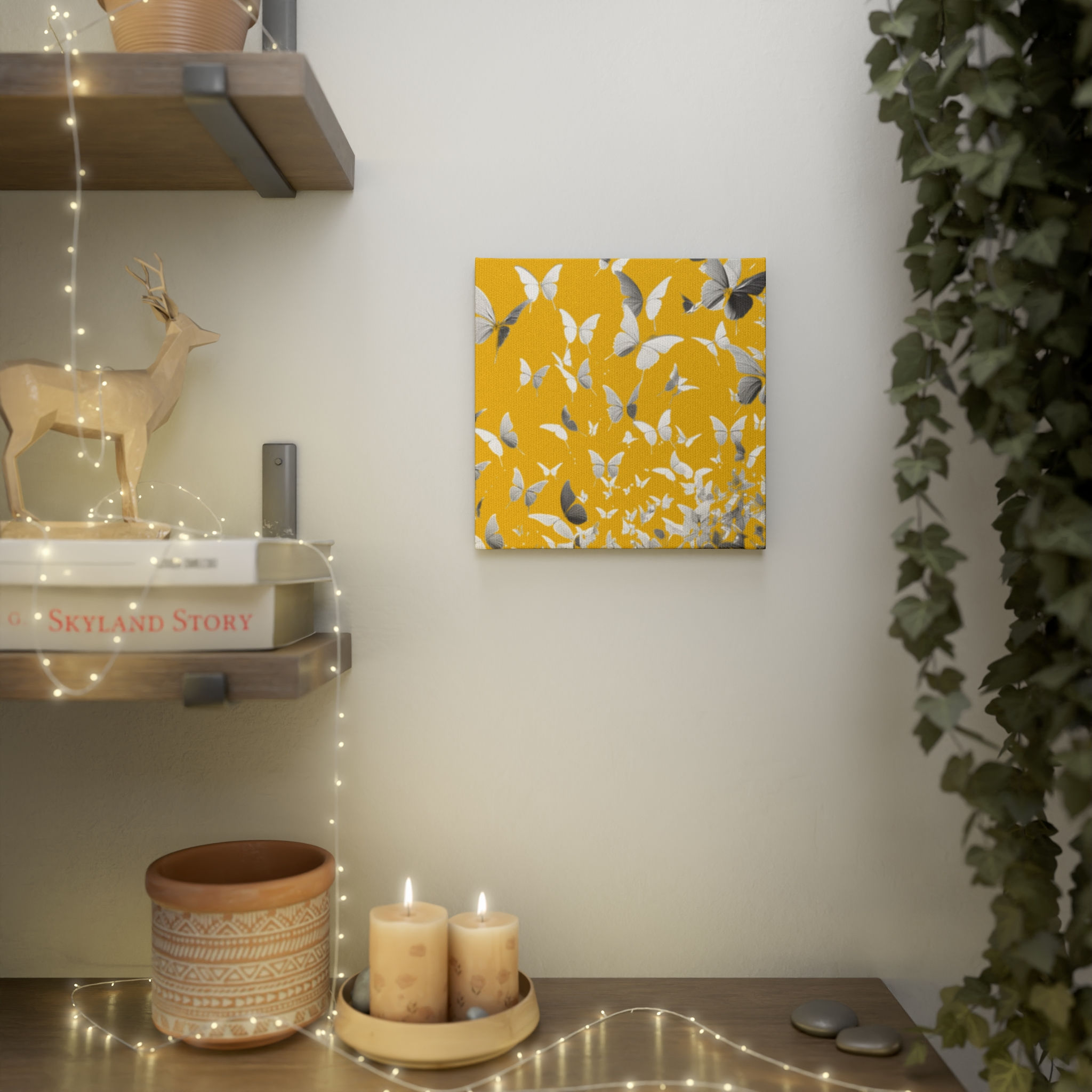 Canvas Tile - White Butterflies on Yellow Background 8" x 8"