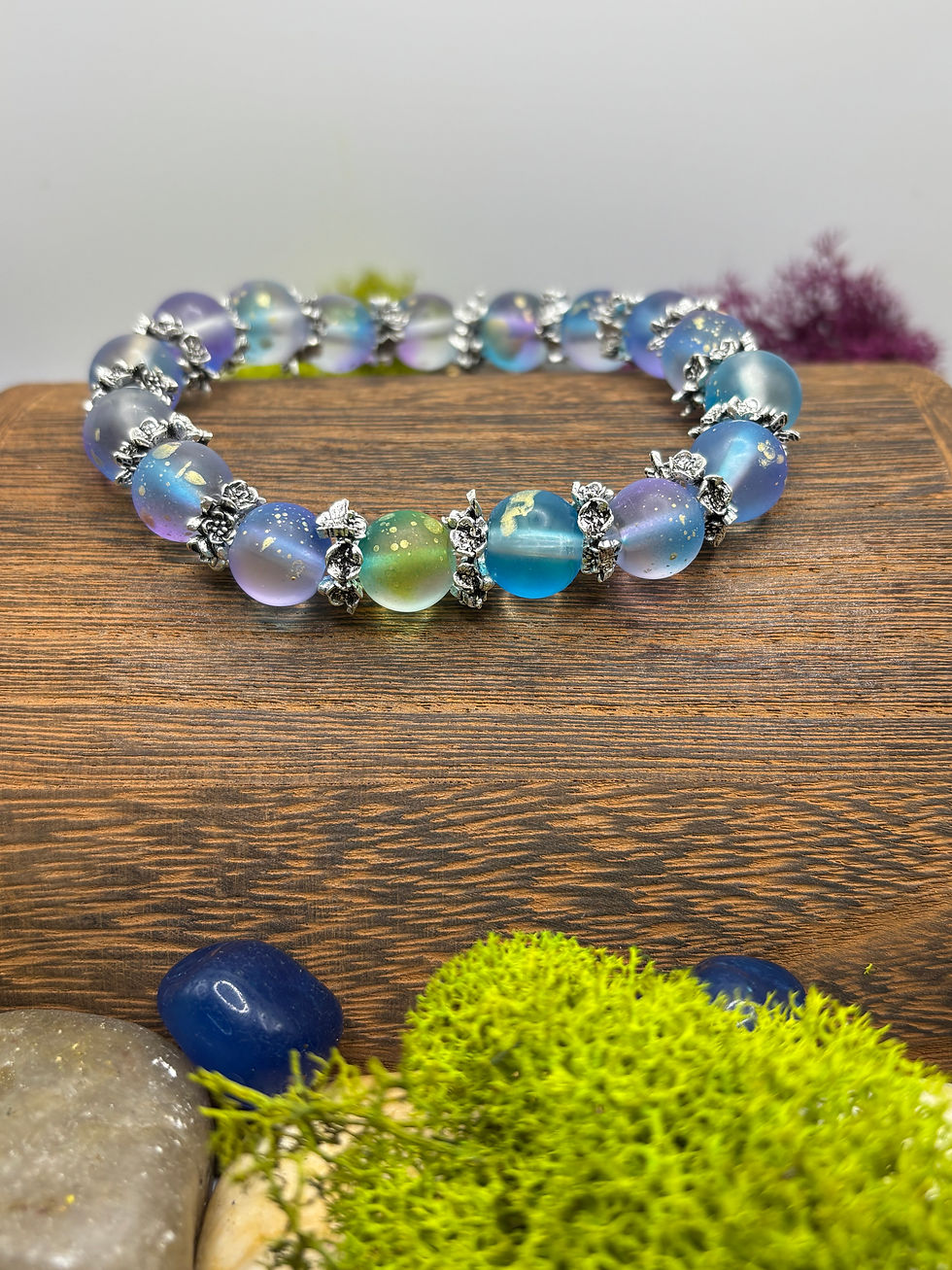 Thumbnail: Purple, Green and Blue Frosted Stretch Cord Bracelet