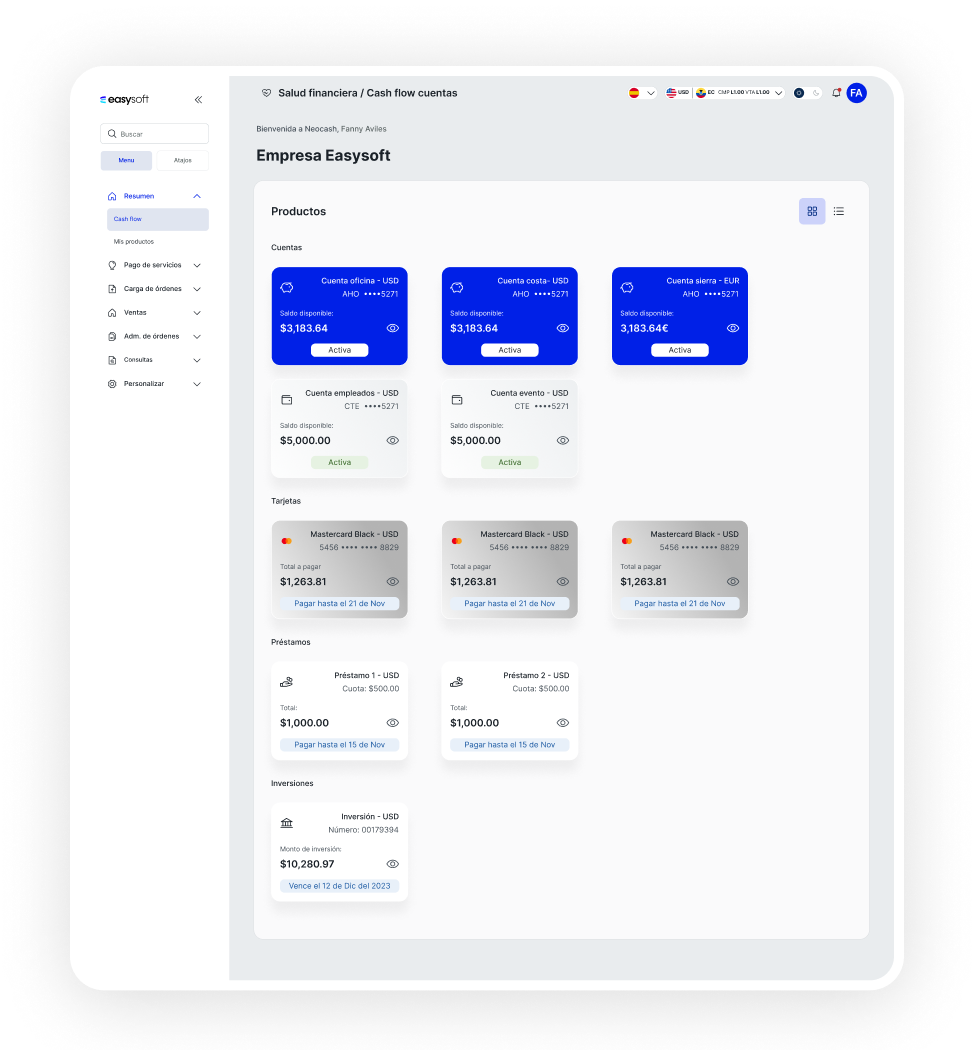 Pantalla simple de resumen de productos del usuario en banca empresas