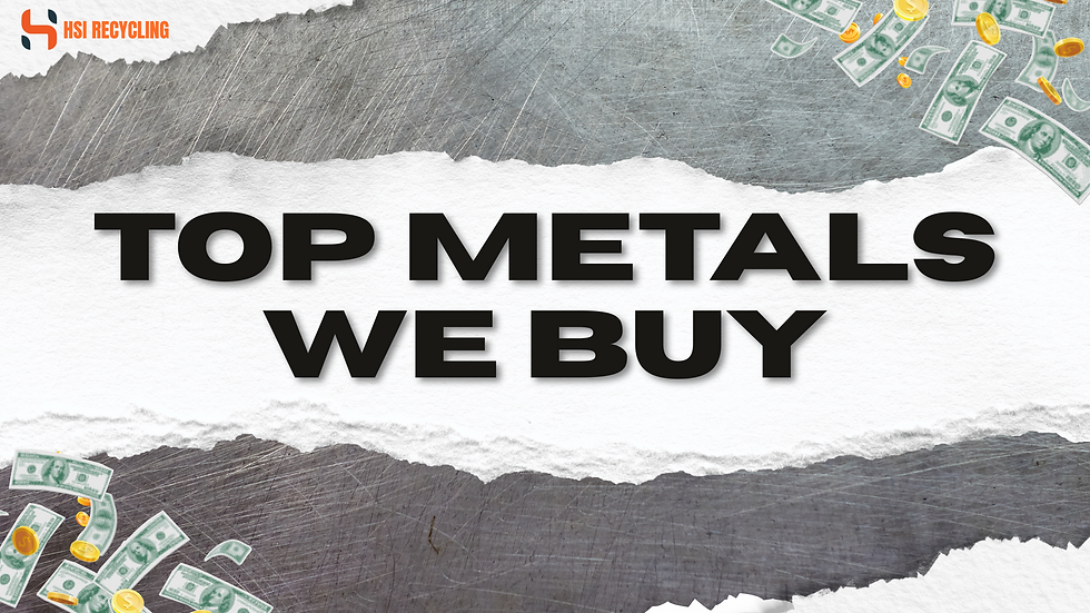 Text "TOP METALS WE BUY" on a torn paper background with scattered dollar bills and coins. HSI Recycling logo in top left.
