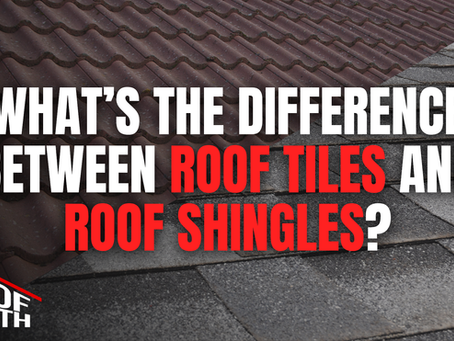 Graphic comparing roof tiles and roof shingles with text that reads ‘What’s the Difference Between Roof Tiles and Roof Shingles?’ featuring the Roof Smith logo.