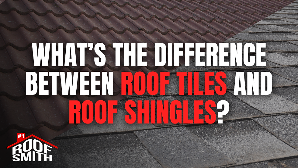 Graphic comparing roof tiles and roof shingles with text that reads ‘What’s the Difference Between Roof Tiles and Roof Shingles?’ featuring the Roof Smith logo.