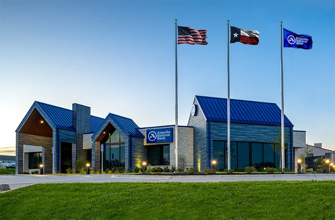 Amarillo National Bank building beneath a blue sky.