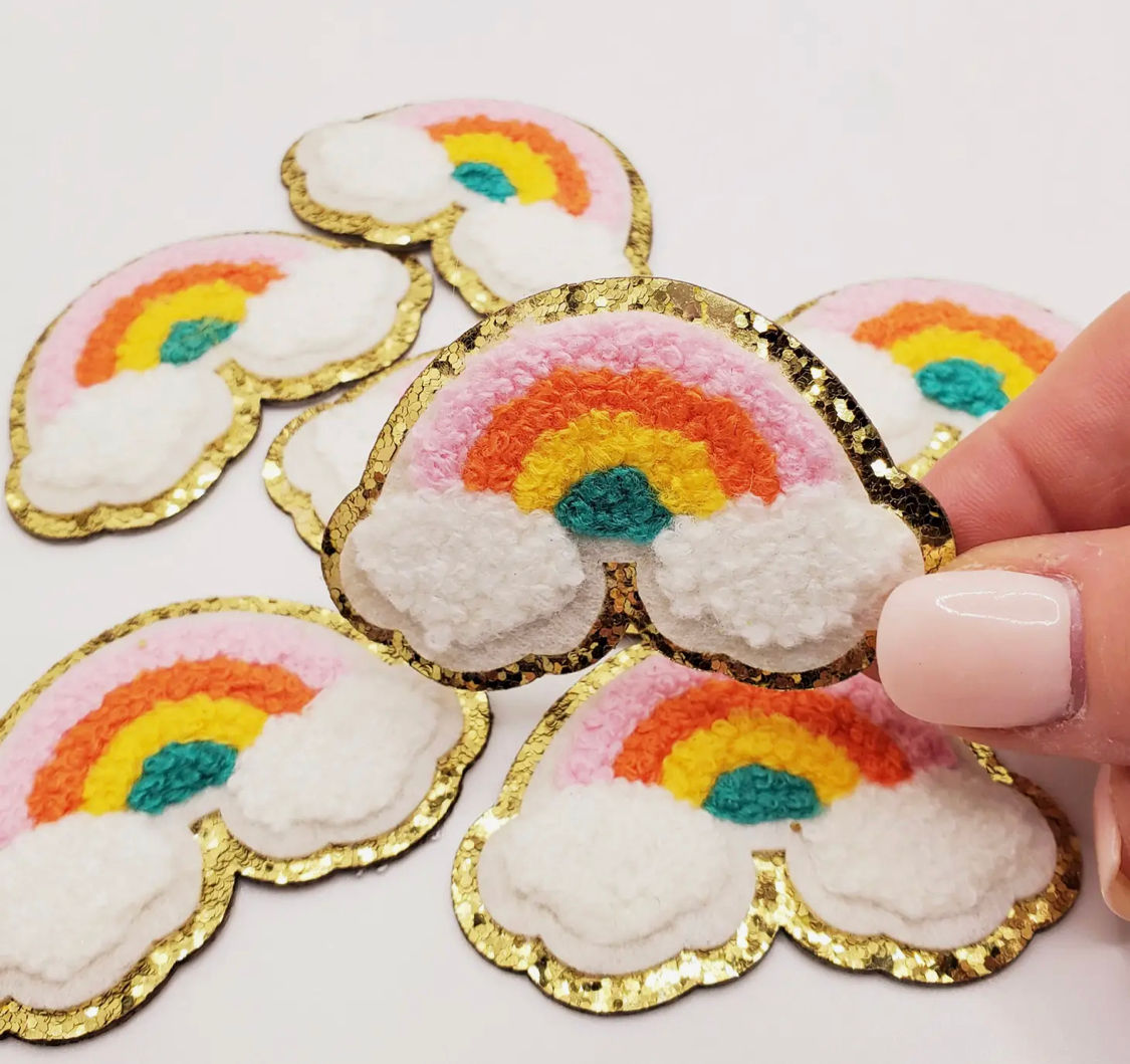 Rainbow with clouds chenille iron on patch