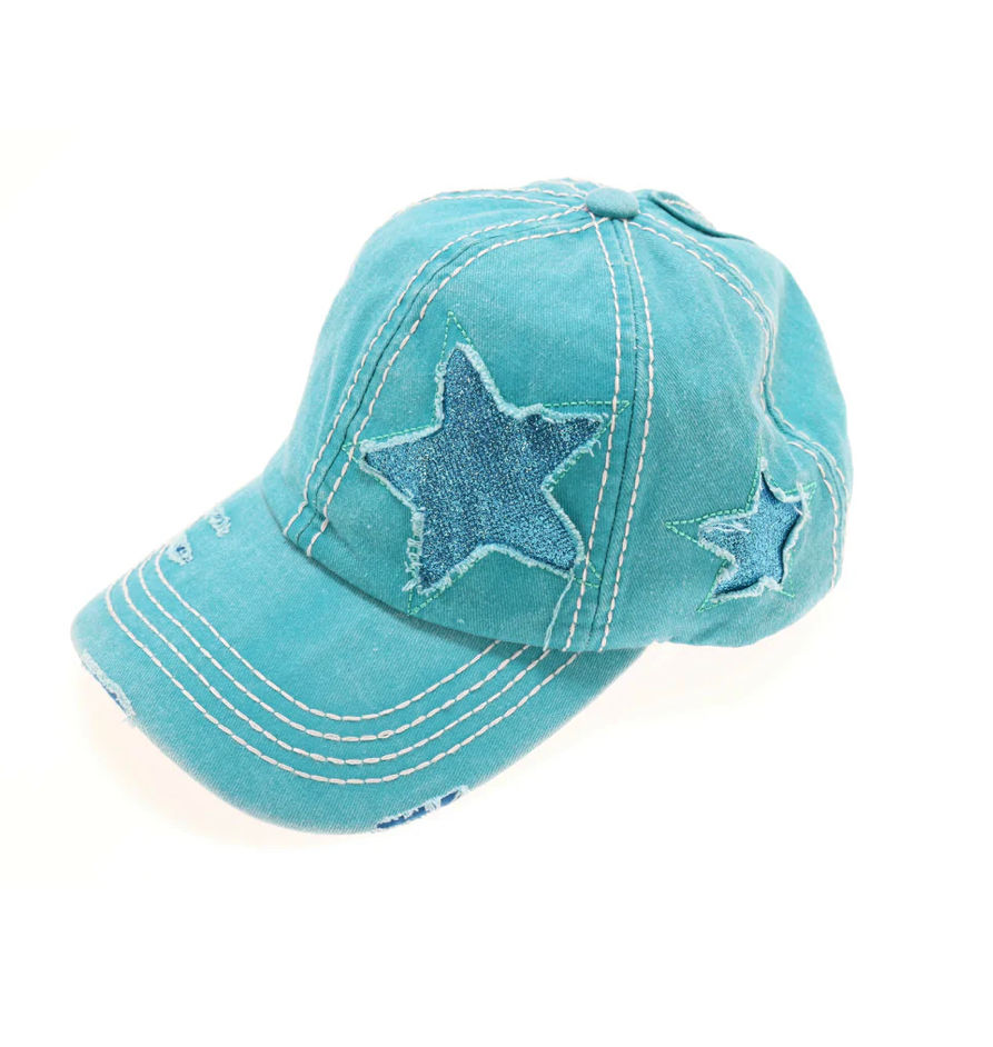 Thumbnail: Distressed High Pony Cap with Glitter Star