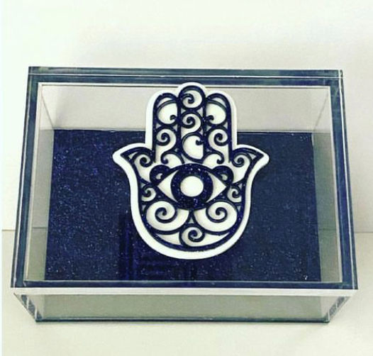 Thumbnail: 2 Dimensional Hamsa Blue Glitter 7x5 Acrylic Box
