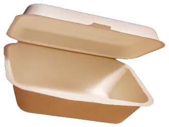 A polystyrene single-use food container.