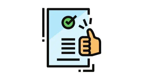 A piece of paper with a green tick and lines underneath it, there is a thubs up to the right of it. 