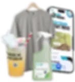 A grey t-shirt on a hanger with a QR code in the neck on the inside, a mobile phone displaying Circulayo's AppNostic which shows environmental savings. A reusable cup with a QR code attacked and the words "Reuse Me Return Me". And an EcoX cleaning botte with a QR code attached.