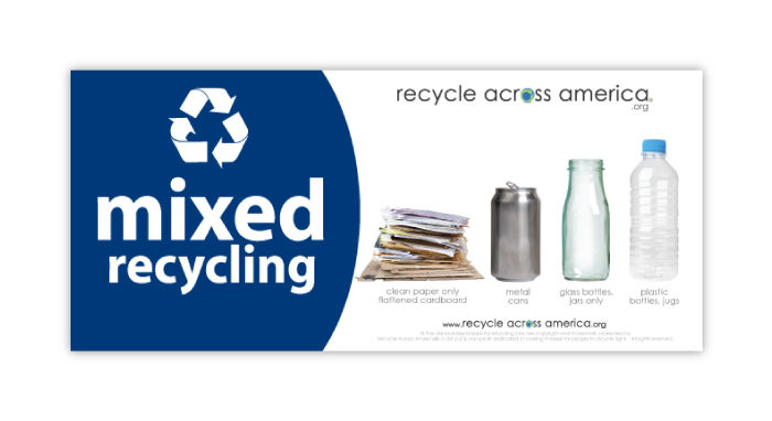 Standardized 4x9 mixed recycling decal for indoor and outdoor bins, carts, and dumpsters