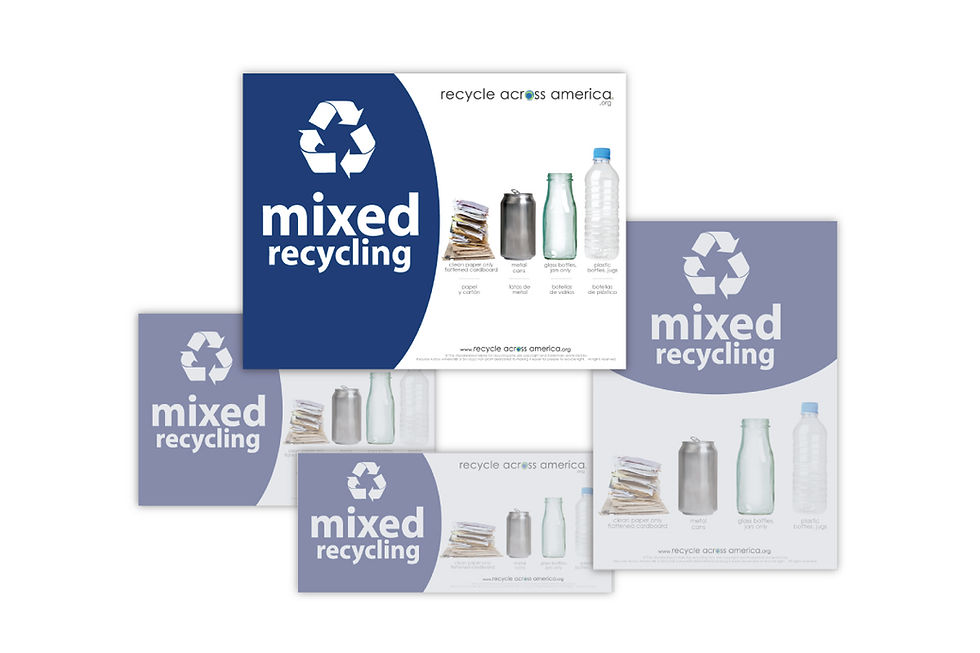 Cluster of standardized recycling labels for mixed recycling with 8.5x11 size highlighted