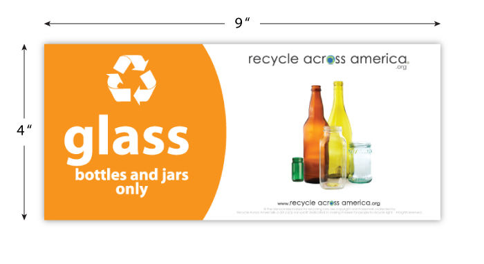 Thumbnail: Standardized Glass recycling sticker with 4x9 inch dimensions displayed – weatherproof decal for bins and containers.