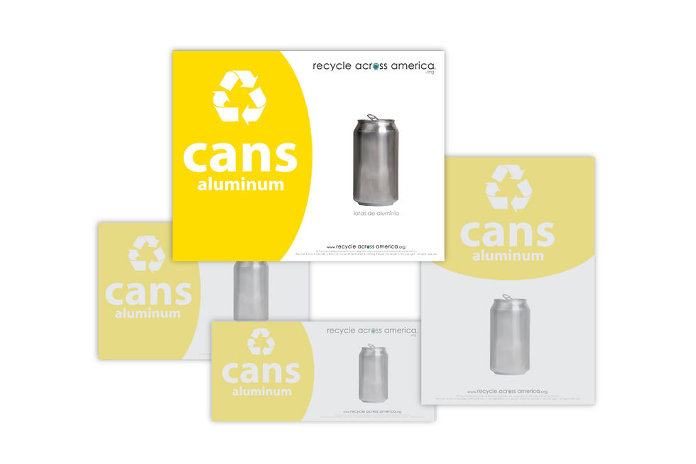 Cluster of standardized Aluminum cans recycling labels with 8.5x11 inch size highlighted and other sizes greyed out.