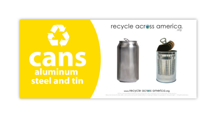 4x9 aluminum cans recycling sticker – weatherproof standardized label for steel and tin cans collection.