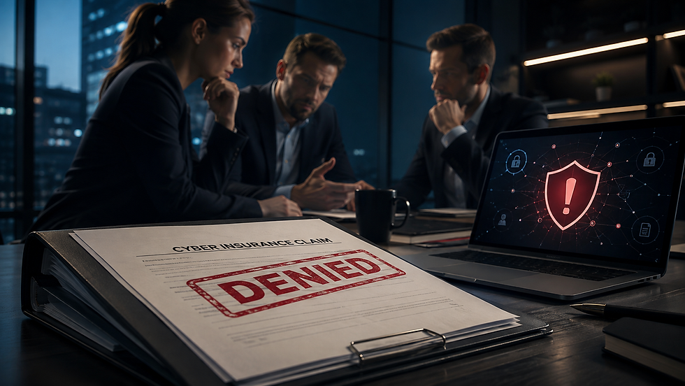 Cyber insurance claim marked denied beside a laptop displaying a cybersecurity warning.