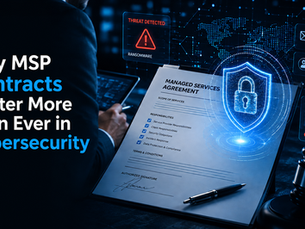 MSP contract document with cybersecurity shield showing why strong agreements matter for cyber risk and liability protection.